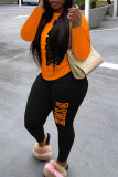 Orange White Casual Print Patchwork O Neck Long Sleeve Two Pieces