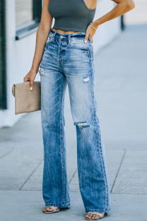 Blue Casual Solid Ripped Boot Cut Denim Jeans