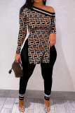 Dark Coffee Street Print Patchwork One Shoulder Long Sleeve Two Pieces