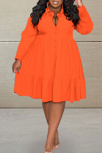 Tangerine Red Casual Solid Patchwork Buckle Fold Turndown Collar A Line Plus Size Dresses