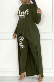 Army Green Casual Letter Print Asymmetrical O Neck Long Sleeve Two Pieces