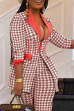 Pink Casual Plaid Patchwork Turndown Collar Plus Size Two Pieces