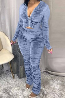 Baby Blue Fashion Sexy Adult Pleuche Solid Fold Hooded Collar Long Sleeve Regular Sleeve Regular Two Pieces