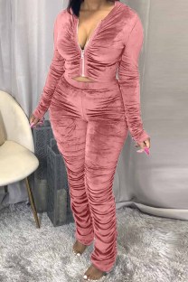 Light Pink Fashion Sexy Adult Pleuche Solid Fold Hooded Collar Long Sleeve Regular Sleeve Regular Two Pieces