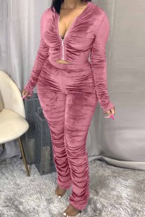 Pink Purple Fashion Sexy Adult Pleuche Solid Fold Hooded Collar Long Sleeve Regular Sleeve Regular Two Pieces