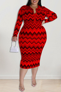 Red Fashion Casual Print Patchwork Turndown Collar Pencil Skirt Plus Size Dresses