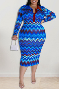 Blue Fashion Casual Print Patchwork Turndown Collar Pencil Skirt Plus Size Dresses