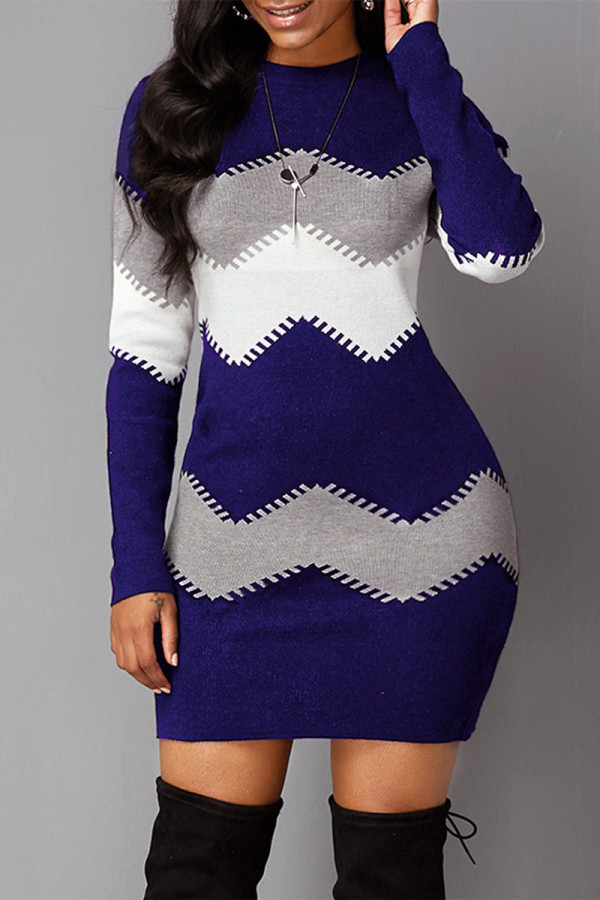 Blue Casual Print Patchwork O Neck Long Sleeve Dresses