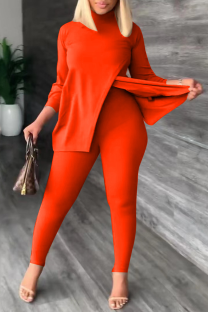 Tangerine Red Casual Solid Patchwork Half A Turtleneck Long Sleeve Two Pieces