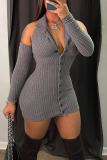 Grey Sexy Casual Solid Patchwork Backless Halter Long Sleeve Dresses