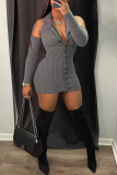 Grey Sexy Casual Solid Patchwork Backless Halter Long Sleeve Dresses