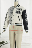 Gray White Casual Print Patchwork O Neck Outerwear