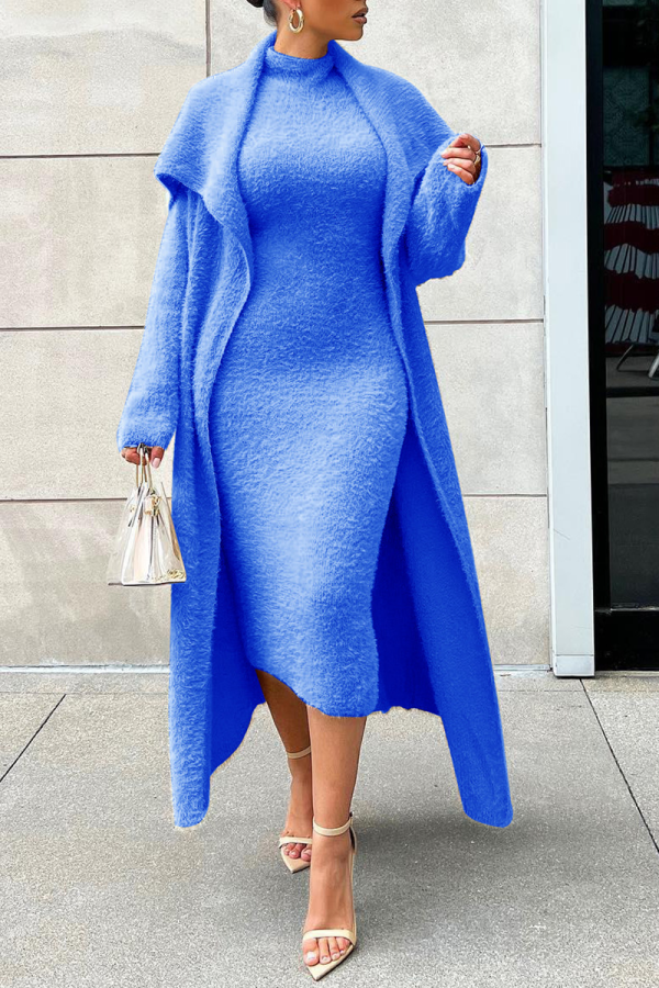 Blue Casual Solid Patchwork Half A Turtleneck Long Sleeve Two Pieces