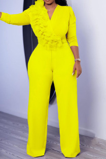 Yellow Elegant Solid Patchwork Appliques V Neck Jumpsuits