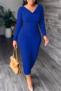 Blue Casual Solid Patchwork V Neck Long Sleeve Dresses