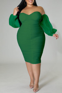 Green Sexy Solid Patchwork Off the Shoulder One Step Skirt Plus Size Dresses