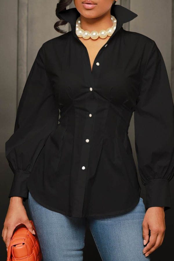 Black Sexy Casual Solid Solid Color Shirt Collar Tops