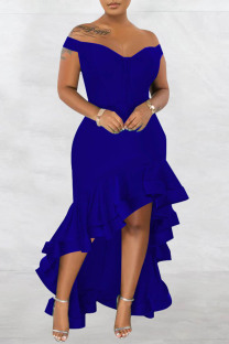 Blue Fashion Sexy Formal Solid Patchwork Backless Off the Shoulder Evening Dress Dresses