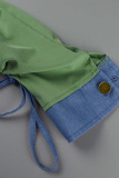 Green Casual Solid Patchwork Buckle Asymmetrical Turndown Collar Long Sleeve Straight Denim Jacket