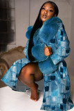 Blue Sexy Daily Print Patchwork fur Turn-back Collar Outerwear