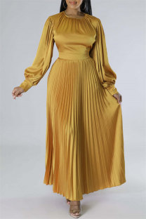 Orange Casual Solid Patchwork O Neck Long Sleeves Pleated Dresses (Without Belt)