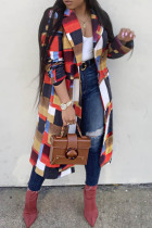 Red Casual Plaid Print Patchwork Turndown Collar Outerwear