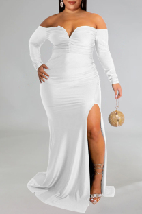 White Sexy Formal Solid Backless Slit Off the Shoulder Evening Dress Plus Size Dresses