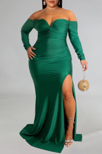 Green Sexy Formal Solid Backless Slit Off the Shoulder Evening Dress Plus Size Dresses