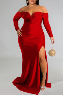 Red Sexy Formal Solid Backless Slit Off the Shoulder Evening Dress Plus Size Dresses