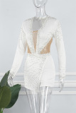 White Sexy Hot Drilling See-through Pearl Bead tube Hot Drill Asymmetrical Collar Skinny Jumpsuits
