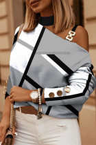 Grey Casual Print Hollowed Out Patchwork Turtleneck Tops