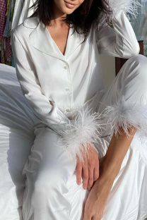 White Casual Solid Patchwork Buckle Feathers Long Sleeve Two Pieces