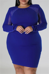 Blue Casual Patchwork Hot Drilling See-through O Neck Long Sleeve Plus Size Dresses