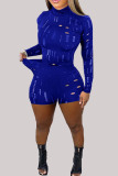 Blue Fashion Sexy Solid Ripped Half A Turtleneck Long Sleeve Two Pieces