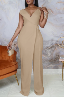 Coffee Casual Solid Patchwork V Neck Straight Jumpsuits