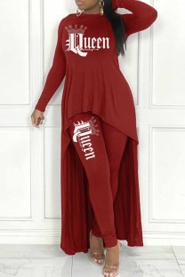 Red Casual Letter Print Asymmetrical O Neck Long Sleeve Two Pieces