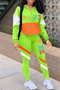 Fluorescent Green Casual Letter Print Patchwork Zipper Collar Long Sleeve Two Pieces