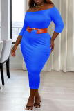 Blue Casual Solid Patchwork Without Belt Off the Shoulder One Step Skirt Plus Size Dresses(Without Belt)