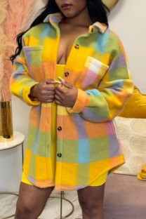 Yellow Casual Print Patchwork Cardigan Turndown Collar Outerwear