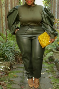Army Green Fashion Casual Solid Patchwork Half A Turtleneck Plus Size Two Pieces