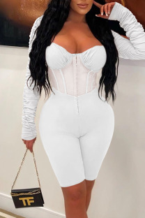 White Sexy Solid Patchwork See-through Fold Zipper Square Collar Skinny Jumpsuits