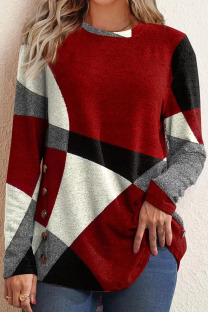 Red Casual Color Lump Print Patchwork O Neck Tops