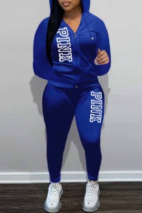 Royal Blue Casual Print Letter Hooded Collar Long Sleeve Two Pieces