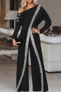 Black Casual Solid Patchwork Oblique Collar Straight Jumpsuits