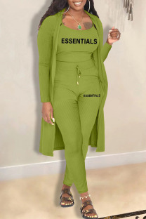 Green Casual Print Patchwork Cardigan Collar Long Sleeve Three Pieces