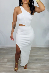 White Sexy Solid Hollowed Out High Opening One Shoulder Pencil Skirt Dresses