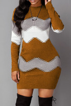 Brown Casual Patchwork O Neck Pencil Skirt Dresses