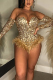Silver Sexy Solid Sequins Feathers Strapless Regular Jumpsuits