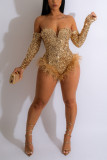 Gold Sexy Solid Sequins Feathers Strapless Regular Jumpsuits