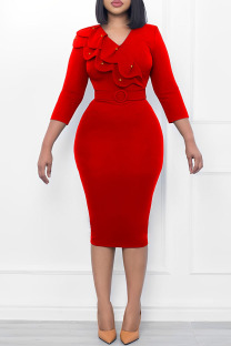 Red Casual Solid Patchwork Flounce O Neck One Step Skirt Dresses